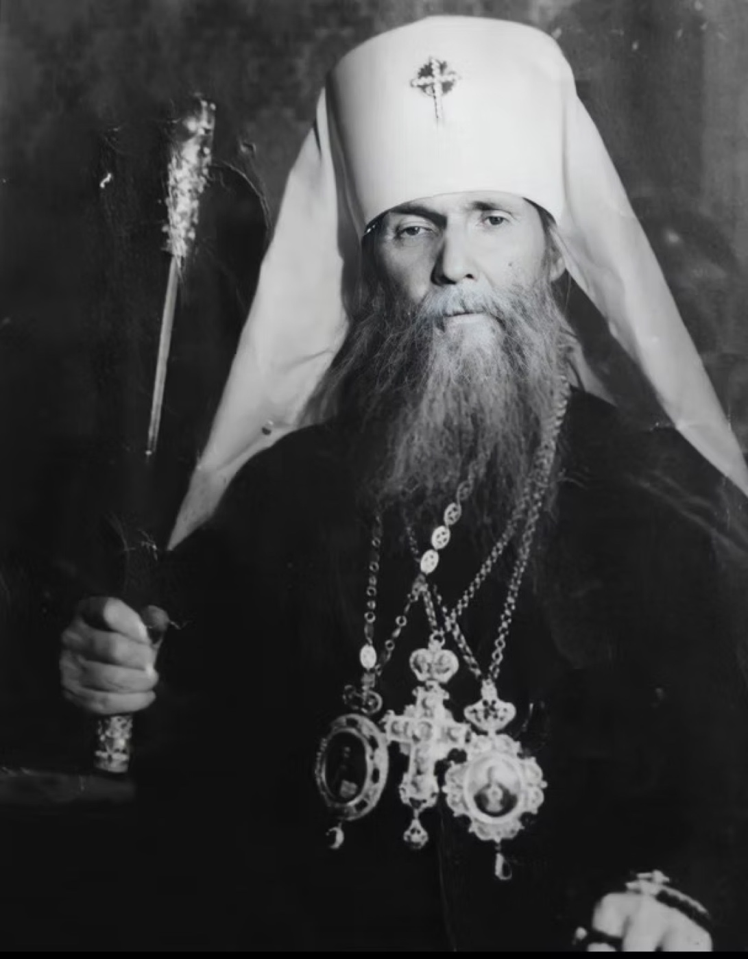 Photograph of Metropolitan Philaret of New York in white klobuk, holding his crozier